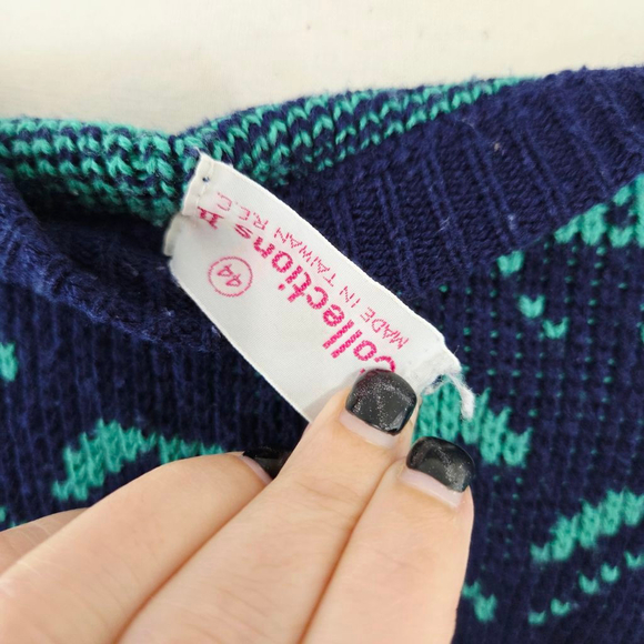 Vintage 80s horse sweater navy blue mint green running horses equestrian size 38 - Picture 6 of 7